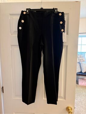 Jules & Leopold Black Ankle Ponte Pants with Gold Button Detail
